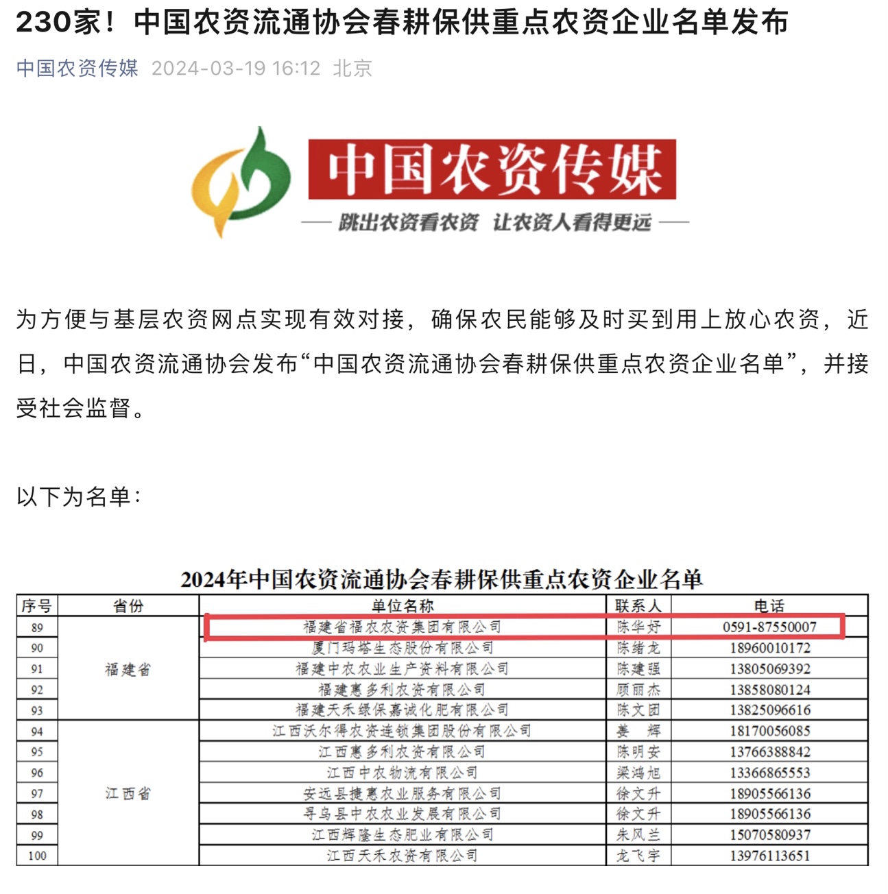 福農(nóng)集團入選2024年全國供銷合作總社、中國農(nóng)資流通協(xié)會春耕農(nóng)資保供重點企業(yè)名單